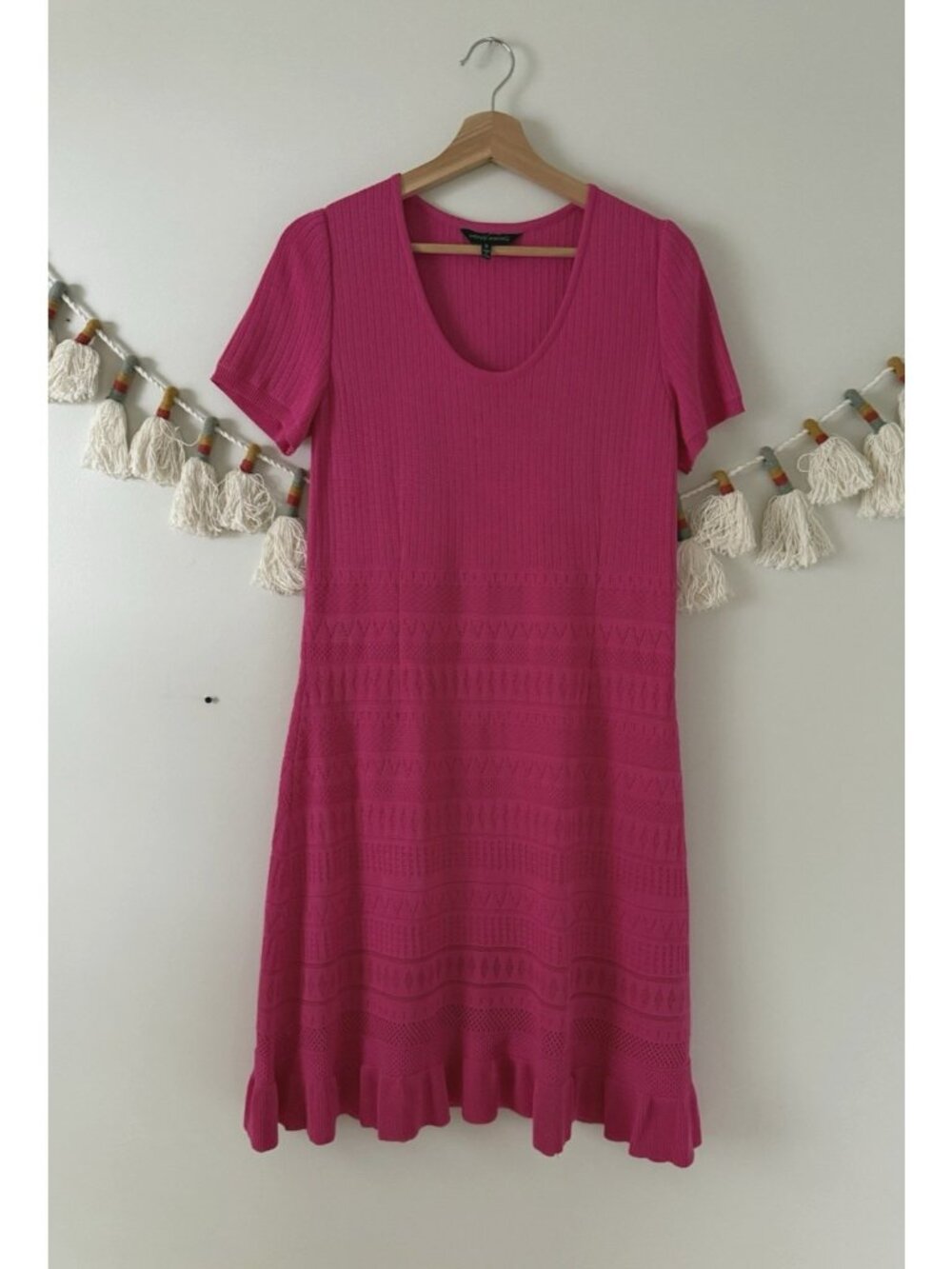 Ming Wang Pink Mixed Pointelle Stitch Short Sleeve Midi Sweater Dress Cottage S